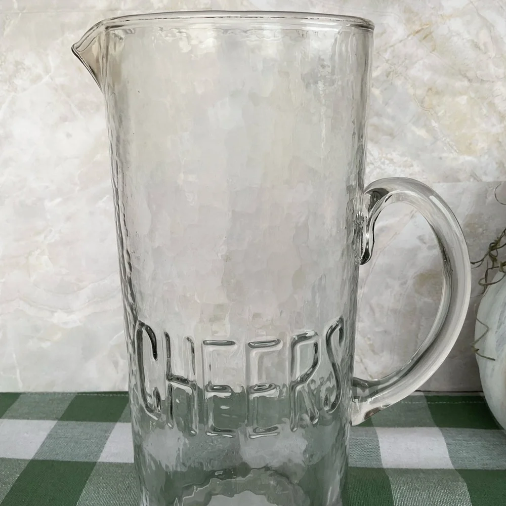 Hammered Glassware pitcher with Cheers imprinted in glass